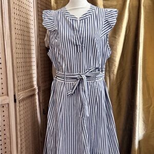 Tommy Hilfiger Navy and White Striped Sleeveless Maxi Dress with Waist Tie